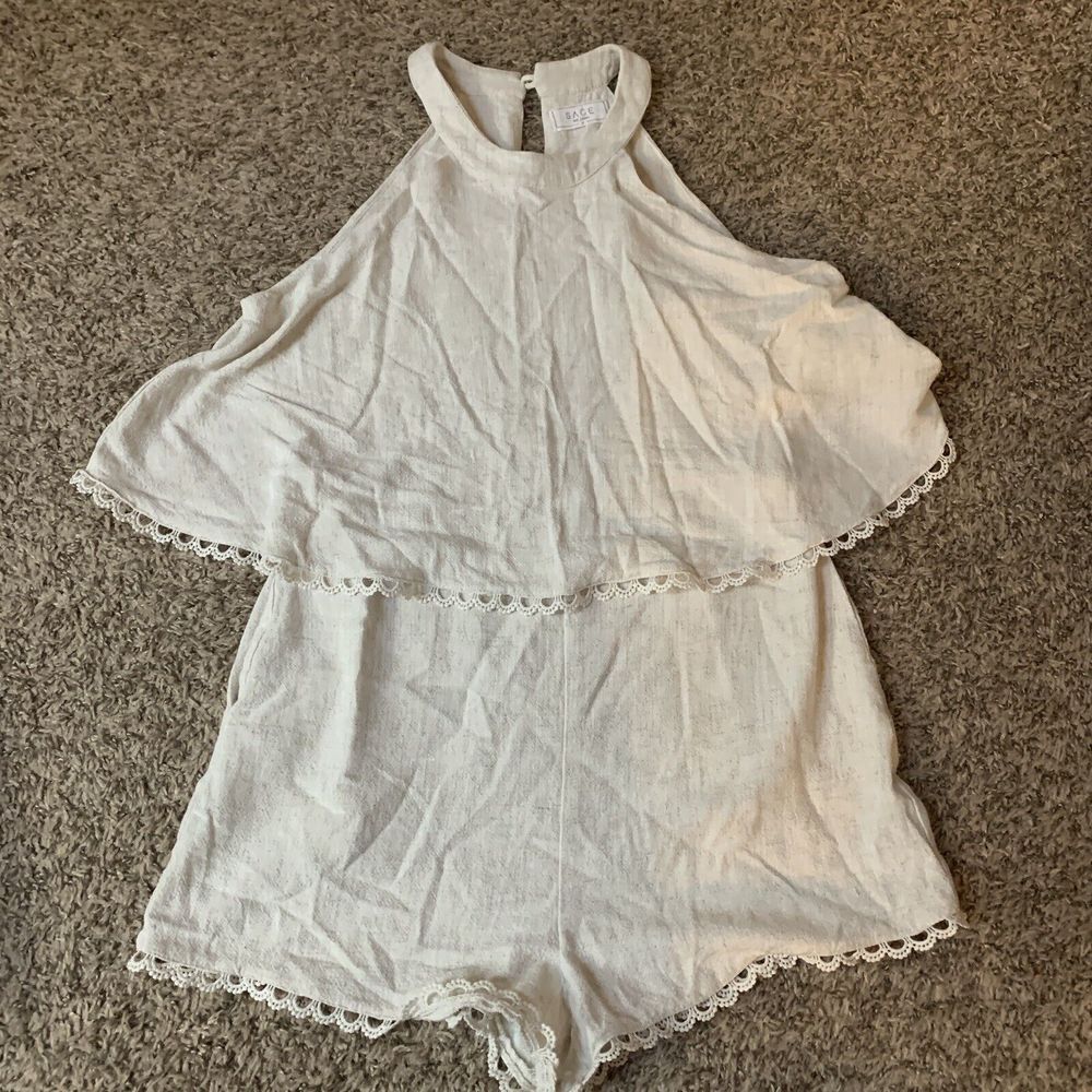 Sage The Label Women Sz S Sleeveless Romper Linen Layered Look High Neck Pockets - Picture 4 of 7